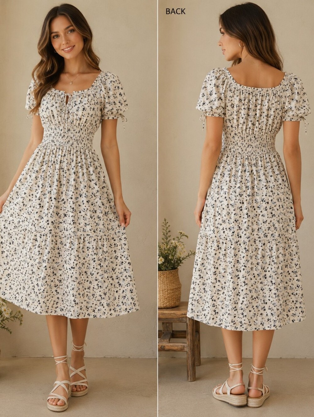 Uniqlo Women's Cream Floral Cotton Midi Dress With Puff Sleeve, Sz M